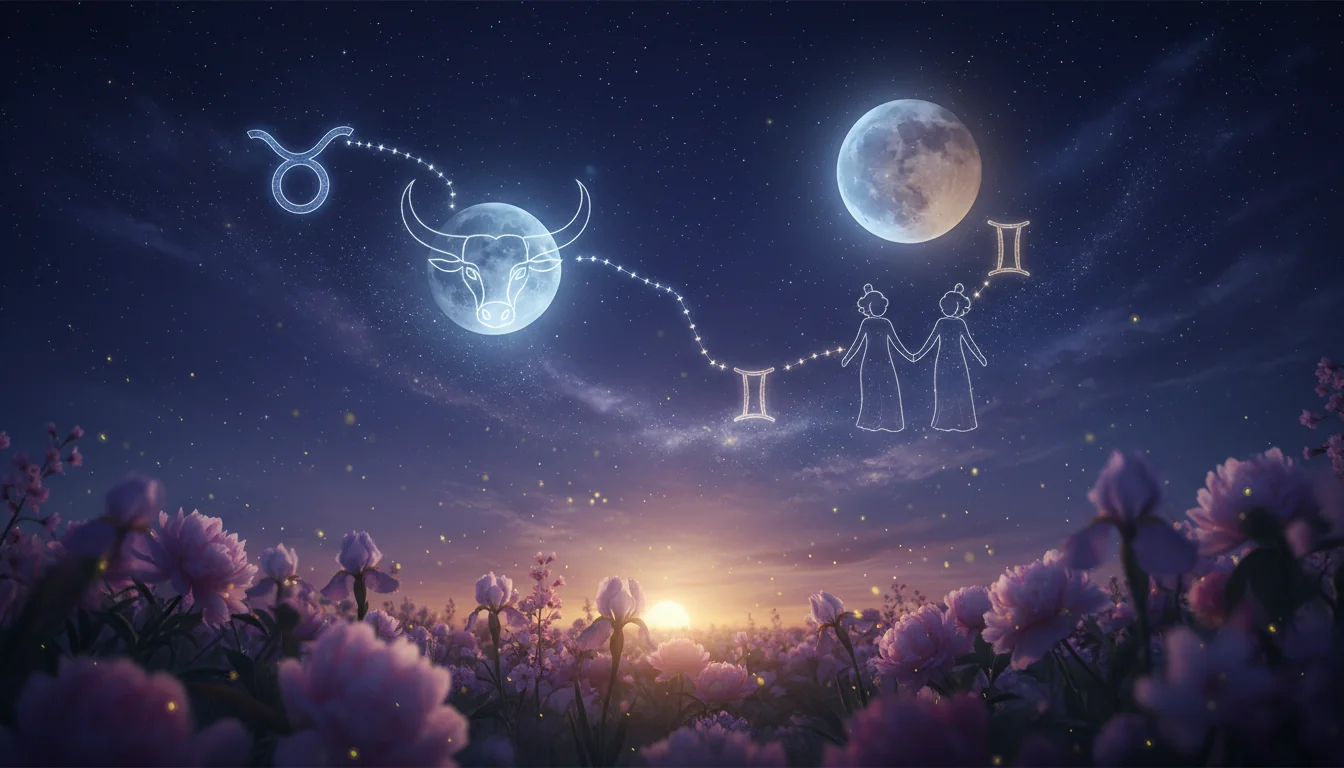 Late spring flowers under a starry sky with moonlight—May 2026 horoscope, two full moons and Gemini season